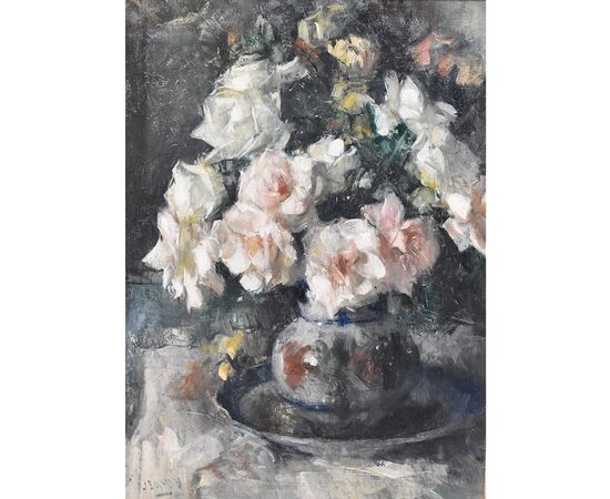 QUADRI ANTICHI, NATURA MORTA CON FIORI DI ROSE, OLIO SU TELA, ART DECO, XX SECOLO. (QF614)