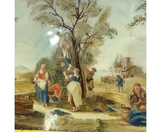 Antica coppia splendidi dipinti su vetro epoca XVIII sec . scuola veneta. Scene contadine mis 46 x 37  