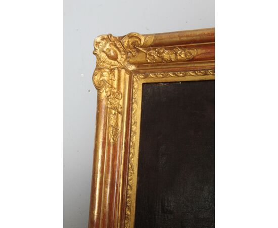 Antico dipinto olio su tela primi 800  “Falconiere “ in cornice foglia oro . Mis 82 x 64 