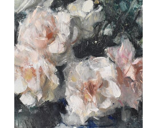 QUADRI ANTICHI, NATURA MORTA CON FIORI DI ROSE, OLIO SU TELA, ART DECO, XX SECOLO. (QF614)