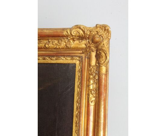 Antico dipinto olio su tela primi 800  “Falconiere “ in cornice foglia oro . Mis 82 x 64 