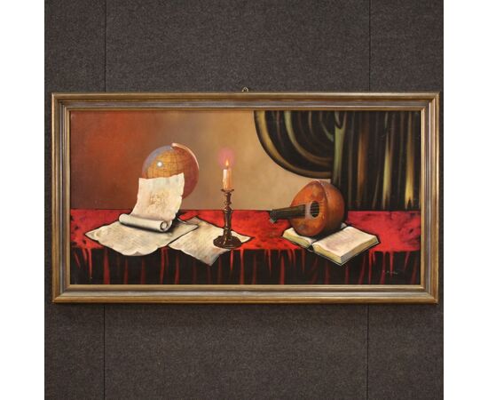 Italian painting still life with musical instruments from the 20th century