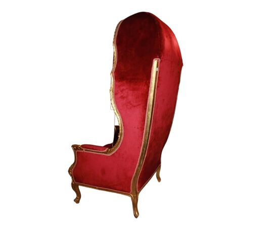 Grande Poltrona a Trono di inizio 1900 Stile Luigi XV in legno dorato Foglia Oro