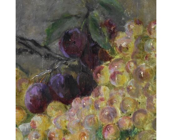 DIPINTI ANTICHI, NATURA MORTA CON FRUTTA, PESCHE E UVA, OLIO SU TELA, XIX SECOLO.  (QNM616)