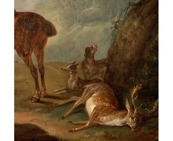 Jean-Baptiste Oudry (Parigi 1686 - Beauvais 1755) cerchia di - Scena di caccia con levrieri.