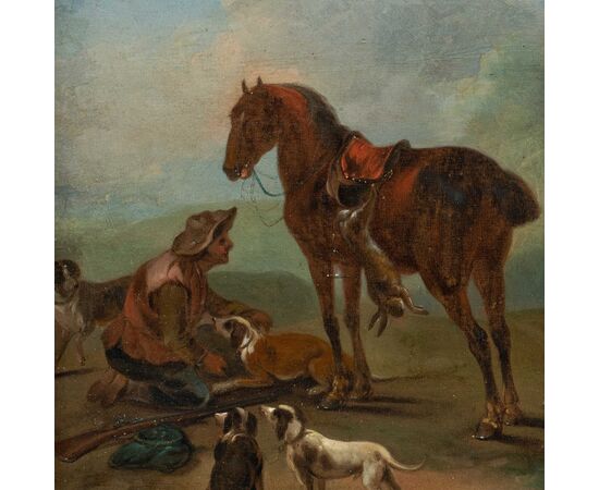 Jean-Baptiste Oudry (Parigi 1686 - Beauvais 1755) cerchia di - Scena di caccia con levrieri.