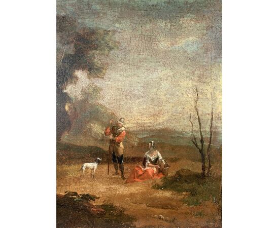 Pittore italiano (XVIII sec.) - Paesaggio con pastori a riposo.