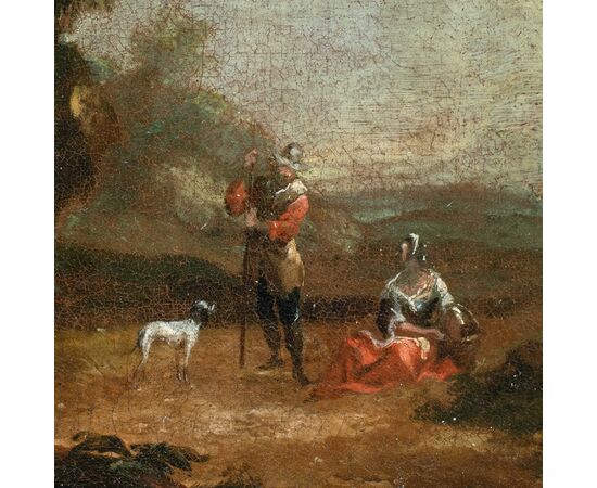 Pittore italiano (XVIII sec.) - Paesaggio con pastori a riposo.