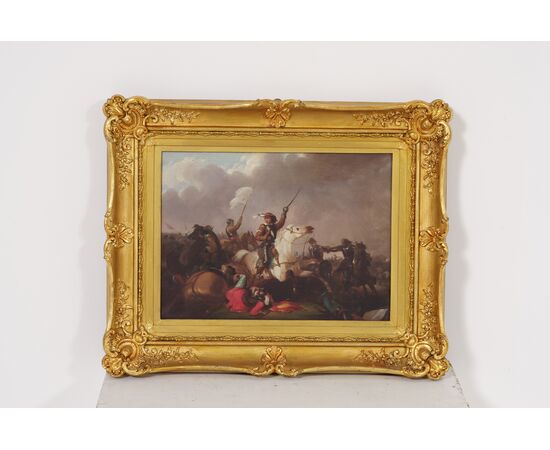 Battaglia su Olio: Opera del XIX Secolo, Dipinto su Tela 53x39 cm