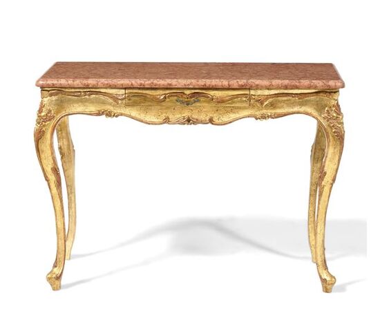 Consolle in Legno Intagliato e Dorato con Piano in Marmo Rosso Verona, Inizio XX Secolo, 120x50x85 cm