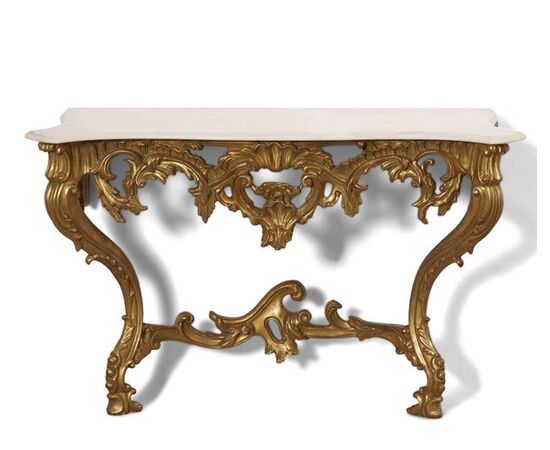 Consolle Intagliata e Dorata con Piano in Marmo Bianco, Inizio XX Secolo, 130x55x86 cm