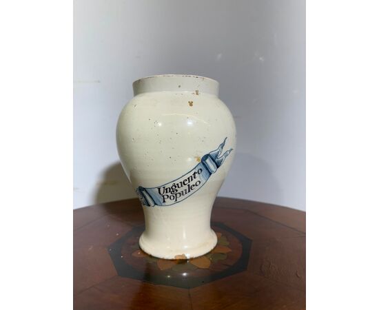 Antico Albarello, vaso da farmacia, epoca metà XIX, Unguento Populeo, h 20, lp 15 cm