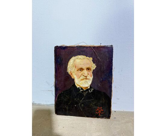 Antico dipinto olio su tela, Giuseppe Verdi, fine XIX sec. Mis.: 26x20