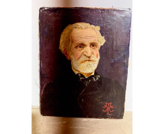 Antico dipinto olio su tela, Giuseppe Verdi, fine XIX sec. Mis.: 26x20