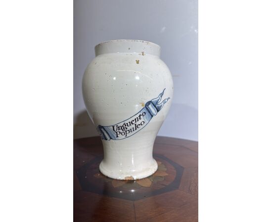 Antico Albarello, vaso da farmacia, epoca metà XIX, Unguento Populeo, h 20, lp 15 cm