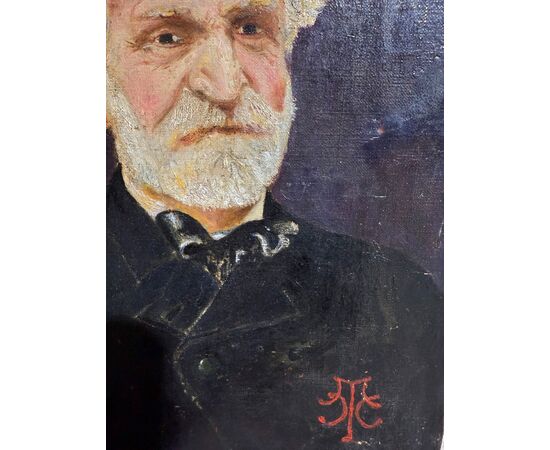 Antico dipinto olio su tela, Giuseppe Verdi, fine XIX sec. Mis.: 26x20