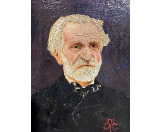 Antico dipinto olio su tela, Giuseppe Verdi, fine XIX sec. Mis.: 26x20