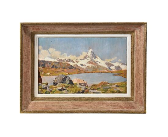 QUADRI PAESAGGI DI MONTAGNA, MONTE CERVINO, ALPI INNEVATE, OLIO SU CARTONE, XX. (QP621)