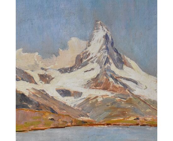 QUADRI PAESAGGI DI MONTAGNA, MONTE CERVINO, ALPI INNEVATE, OLIO SU CARTONE, XX. (QP621)