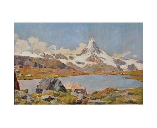 QUADRI PAESAGGI DI MONTAGNA, MONTE CERVINO, ALPI INNEVATE, OLIO SU CARTONE, XX. (QP621)