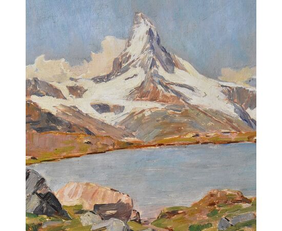 QUADRI PAESAGGI DI MONTAGNA, MONTE CERVINO, ALPI INNEVATE, OLIO SU CARTONE, XX. (QP621)
