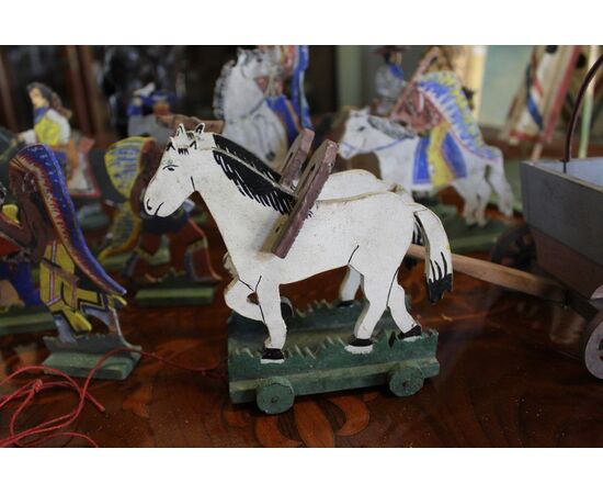 Indian camp set and cowboy wood statue - early 1900s     