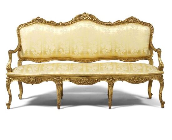 Divano Intagliato e Dorato Stile Transizione, Inizio XX Secolo, 175x56x101 cm