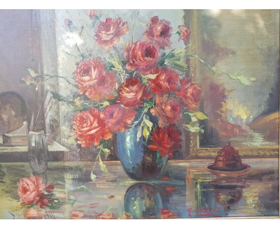 Large painting Vase with roses, golden frame &#39;900     