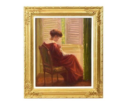 QUADRI ANTICHI, RITRATTI DI DONNA CHE CUCE, OLIO SU TELA, EPOCA NOVECENTO. (QR604)