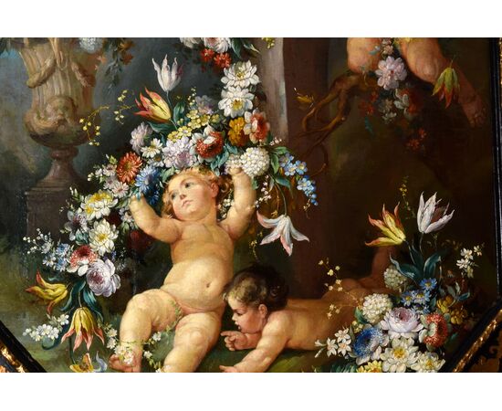 Roman painter of the nineteenth century, Still life with cherubs, festoons of flowers and herm with a faun, oil on canvas painting     