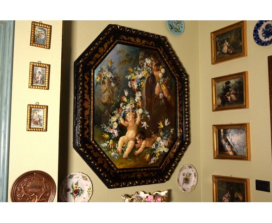 Roman painter of the nineteenth century, Still life with cherubs, festoons of flowers and herm with a faun, oil on canvas painting     