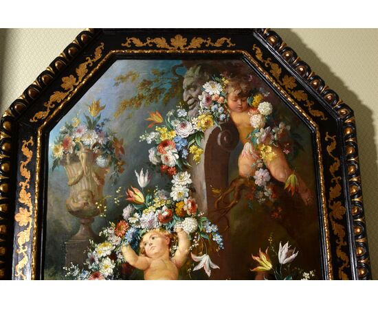 Roman painter of the nineteenth century, Still life with cherubs, festoons of flowers and herm with a faun, oil on canvas painting     