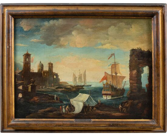 Giacomo Guardi (Venezia 1764 - Venezia 1835) cerchia di - Paesaggio portuale con capriccio architettonico e galeone britannico.