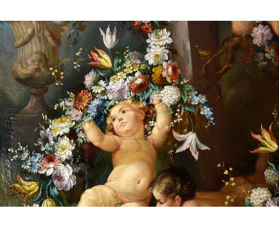 Roman painter of the nineteenth century, Still life with cherubs, festoons of flowers and herm with a faun, oil on canvas painting     