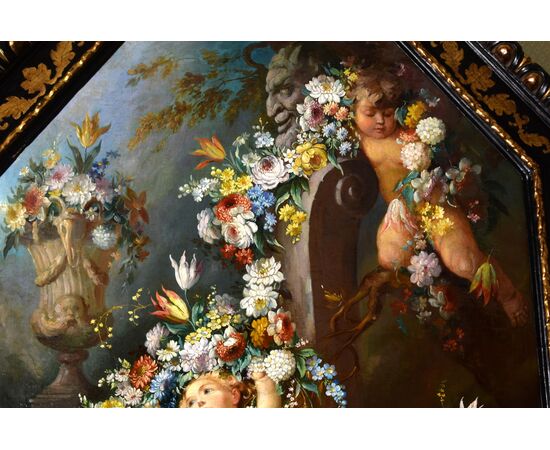 Roman painter of the nineteenth century, Still life with cherubs, festoons of flowers and herm with a faun, oil on canvas painting     