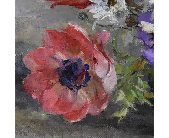 DIPINTI DI FIORI ART DECO, ANEMONI E MARGHERITE, DANSET GEORGES, OLIO SU TELA, QUADRI ANTICHI, XX SECOLO. (QF622)