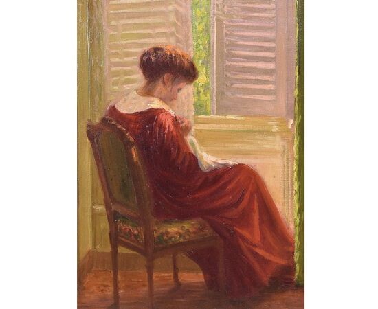 QUADRI ANTICHI, RITRATTI DI DONNA CHE CUCE, OLIO SU TELA, EPOCA NOVECENTO. (QR604)