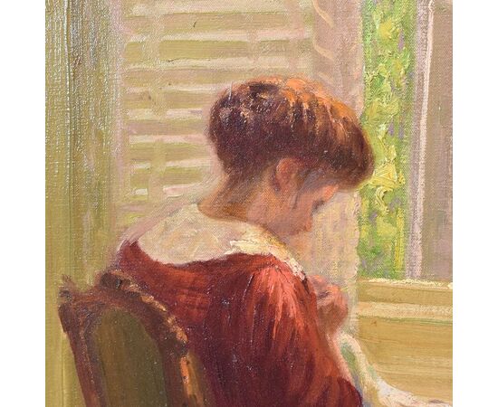 QUADRI ANTICHI, RITRATTI DI DONNA CHE CUCE, OLIO SU TELA, EPOCA NOVECENTO. (QR604)