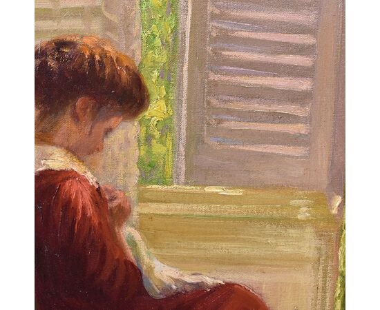 QUADRI ANTICHI, RITRATTI DI DONNA CHE CUCE, OLIO SU TELA, EPOCA NOVECENTO. (QR604)
