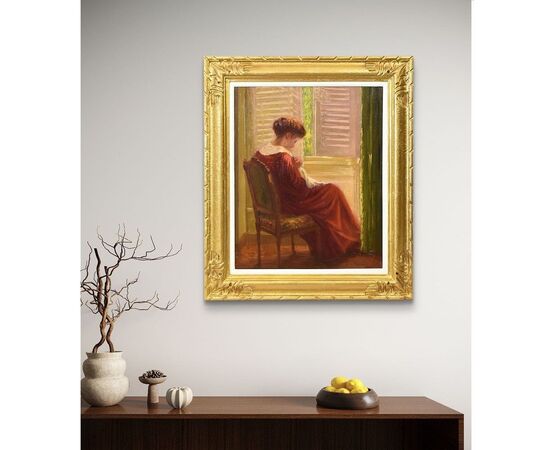 QUADRI ANTICHI, RITRATTI DI DONNA CHE CUCE, OLIO SU TELA, EPOCA NOVECENTO. (QR604)
