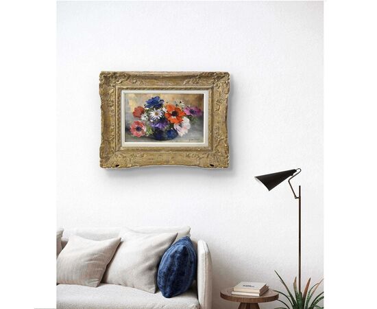DIPINTI DI FIORI ART DECO, ANEMONI E MARGHERITE, DANSET GEORGES, OLIO SU TELA, QUADRI ANTICHI, XX SECOLO. (QF622)