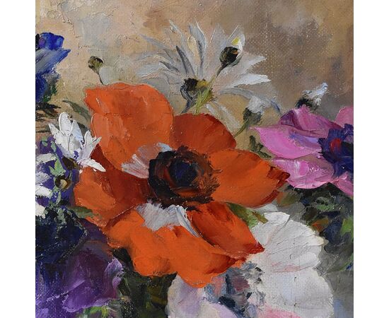 DIPINTI DI FIORI ART DECO, ANEMONI E MARGHERITE, DANSET GEORGES, OLIO SU TELA, QUADRI ANTICHI, XX SECOLO. (QF622)