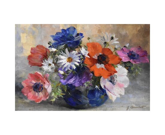 DIPINTI DI FIORI ART DECO, ANEMONI E MARGHERITE, DANSET GEORGES, OLIO SU TELA, QUADRI ANTICHI, XX SECOLO. (QF622)