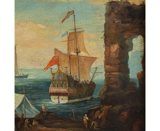 Giacomo Guardi (Venezia 1764 - Venezia 1835) cerchia di - Paesaggio portuale con capriccio architettonico e galeone britannico.
