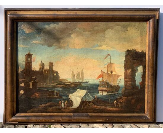 Giacomo Guardi (Venezia 1764 - Venezia 1835) cerchia di - Paesaggio portuale con capriccio architettonico e galeone britannico.