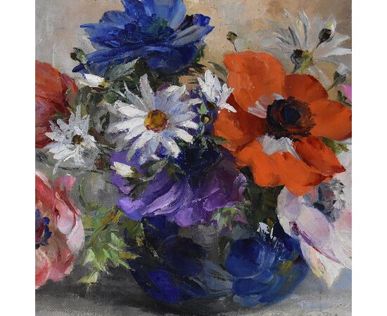 DIPINTI DI FIORI ART DECO, ANEMONI E MARGHERITE, DANSET GEORGES, OLIO SU TELA, QUADRI ANTICHI, XX SECOLO. (QF622)