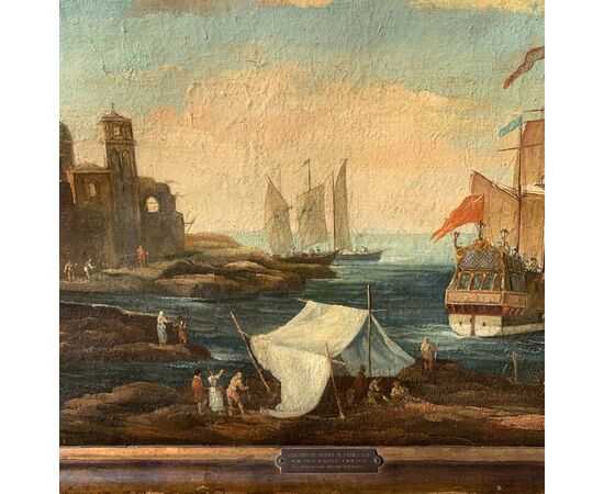 Giacomo Guardi (Venezia 1764 - Venezia 1835) cerchia di - Paesaggio portuale con capriccio architettonico e galeone britannico.
