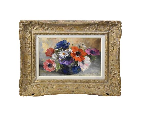 DIPINTI DI FIORI ART DECO, ANEMONI E MARGHERITE, DANSET GEORGES, OLIO SU TELA, QUADRI ANTICHI, XX SECOLO. (QF622)