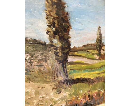 Rural landscape, oil painting on wood     