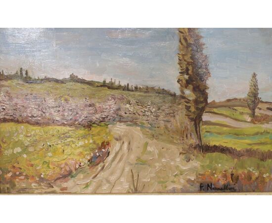 Rural landscape, oil painting on wood     